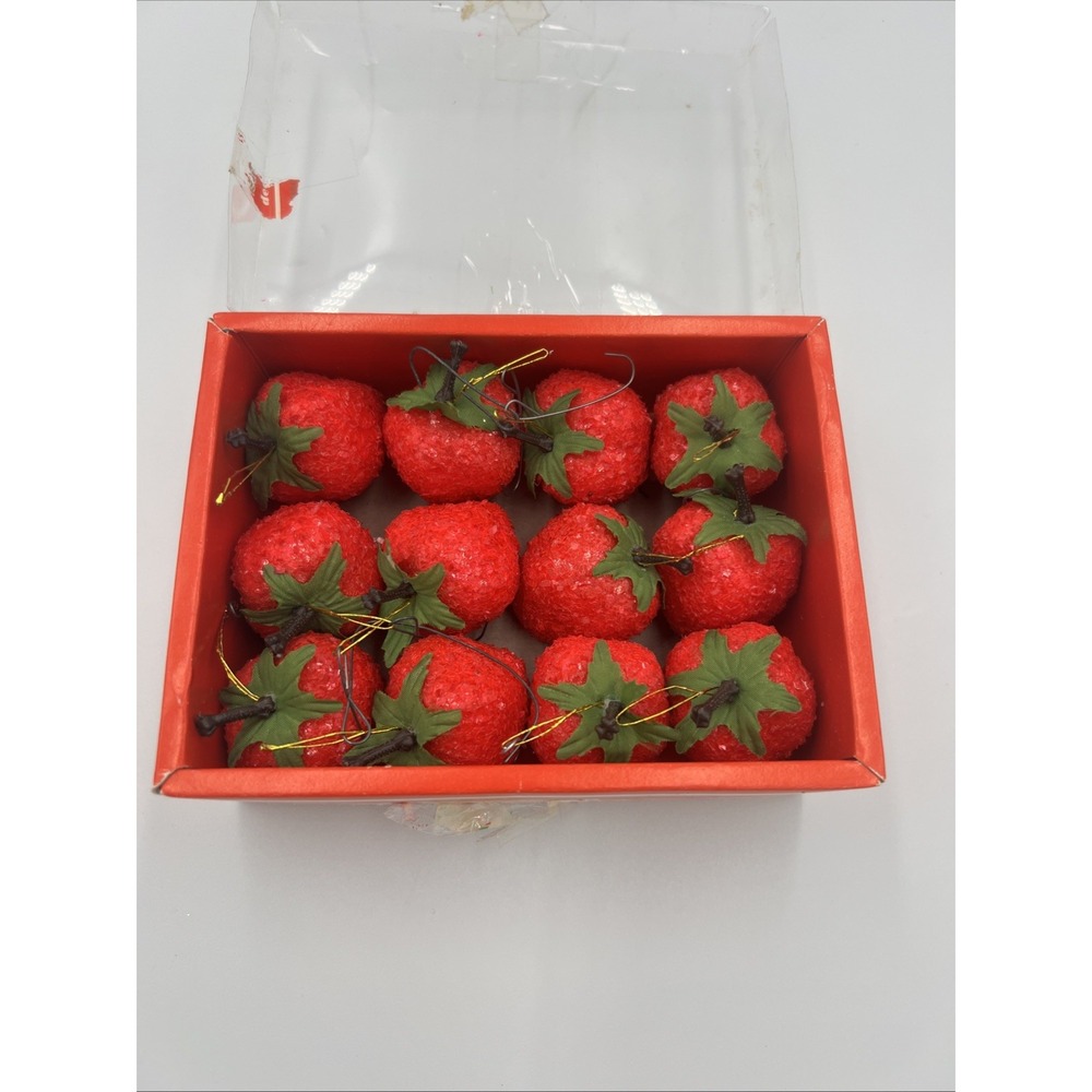 12 Boxed Vintage Sugared‎ Glittered Christmas Strawberry Ornaments Commodore VTG